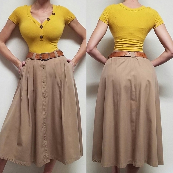 Vintage 90s Chaus Khaki Boho High Rise Side Pocket Pleated Button Up Midi Skirt - Picture 1 of 11